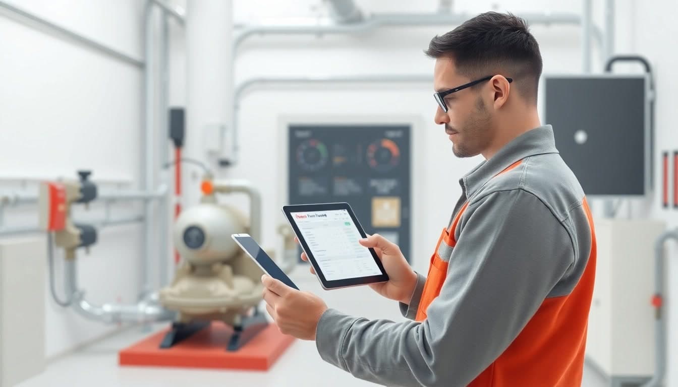 Technician reviewing a fire pump test report on a tablet